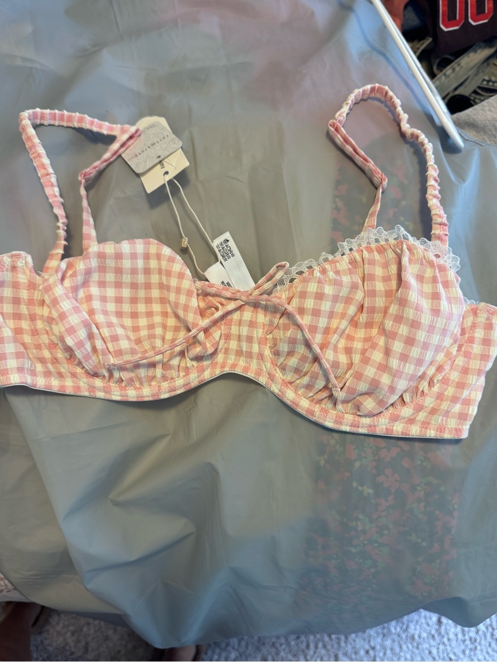 BUNDLE For Love & Lemons Pink Gingham Lace-Trim Underwire Bra and Panties